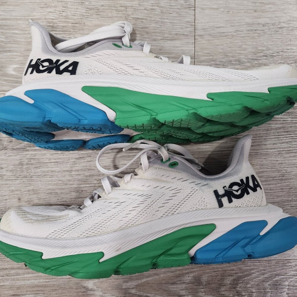 Hoka Women's White Running Shoes with Green & Blue Sole